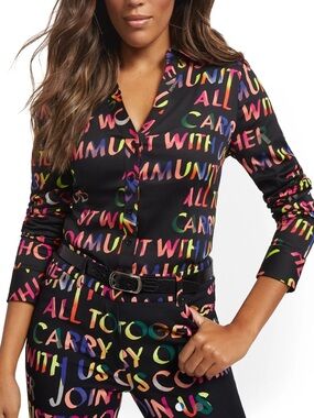 NY & CO MULTI COLORED SCRIPT PRINT SHIRT SIZE PETITE S